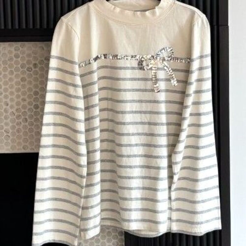 Talbots NWT Sequin Ribbon Stripe Mockneck Top Medium Gray Ivory Bow